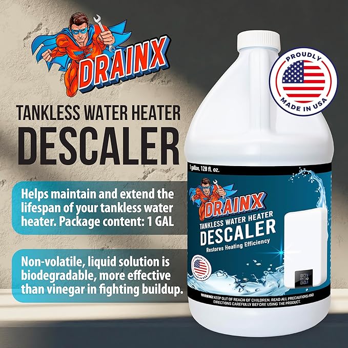 DrainX Tankless Water Heater Descaling Solution | Highly Effective Descaler Restores Heating Efficiency, Gallon, 128 fl oz