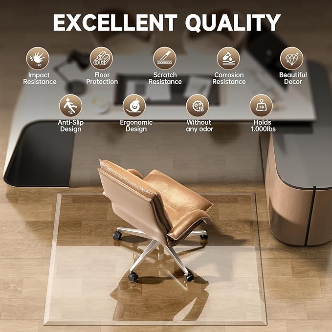 [Tempered Glass] 59“ x 47” Beveled Edge Glass Chair Mat with Polished Edge Clear Office Chair Mat, Glides Smoothly, Suitable for Carpet or Hardwood Floors