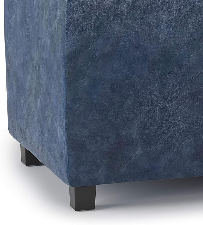 SIMPLIHOME Avalon 42 inch Wide Contemporary Rectangle Storage Ottoman in Denim Blue Vegan Faux Leather, Assembled, for the Living Room, Entryway and Family Room