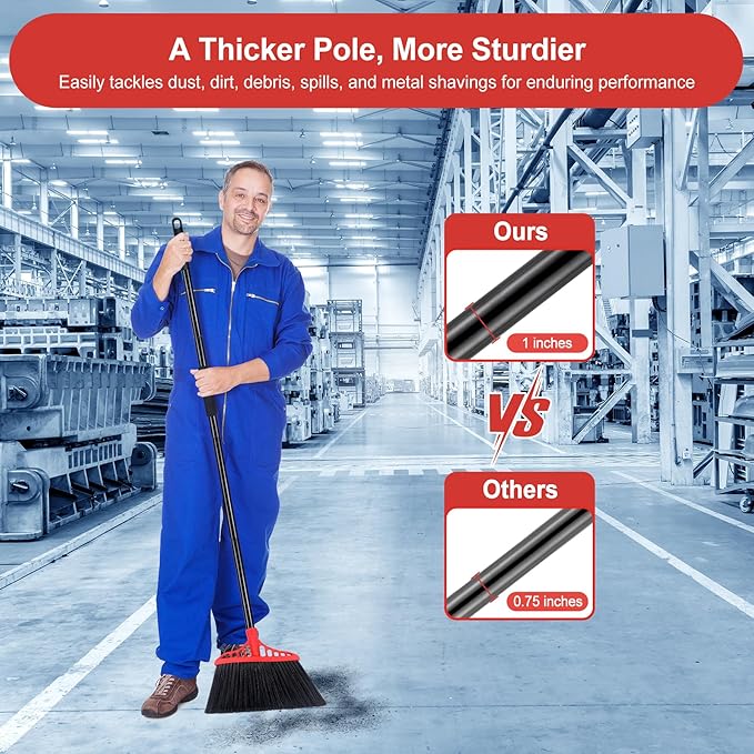 Heavy Duty Angle Broom - 55" Adjustable Iron Handle with Stiff Bristles - Commercial-Grade Indoor/Outdoor Broom for Garage, Patio, Kitchen, Sidewalk & Concrete Cleaning (Black & Red)