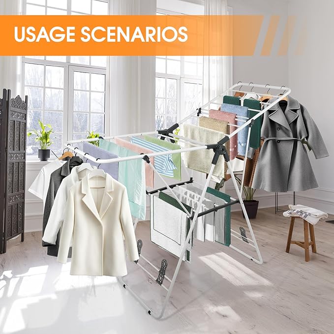 Clothes Drying Rack Foldable, Metal Laundry Drying Rack, with Height-Adjustable Wings, Space Saving, Indoor Outdoor Use, White Free-Standing Airer