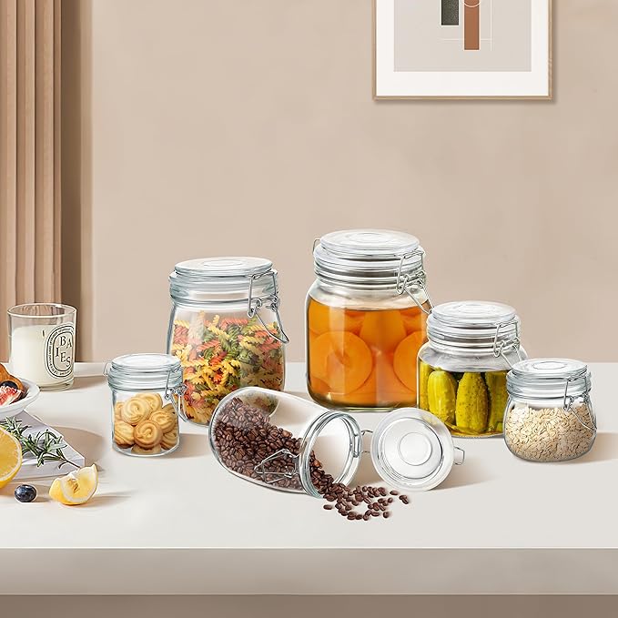 Glass Food Storage Jars with Airtight Lids 34 oz Round 4 Pack Kitchen Storage Containers Large Cabinet Canisters Sealed Pot Canning for Pasta, Cereal, Coffee, Beans, Spice