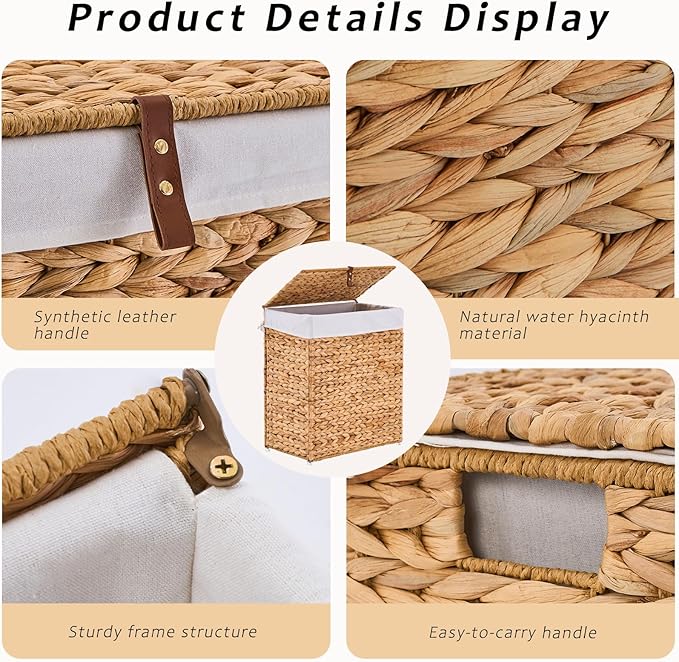 Handwoven Laundry Basket with Lid, Natural Water Hyacinth Storage Basket with Handle, Removable Cotton Liner, Durable and Stylish for Bedroom, Bathroom, Laundry Room