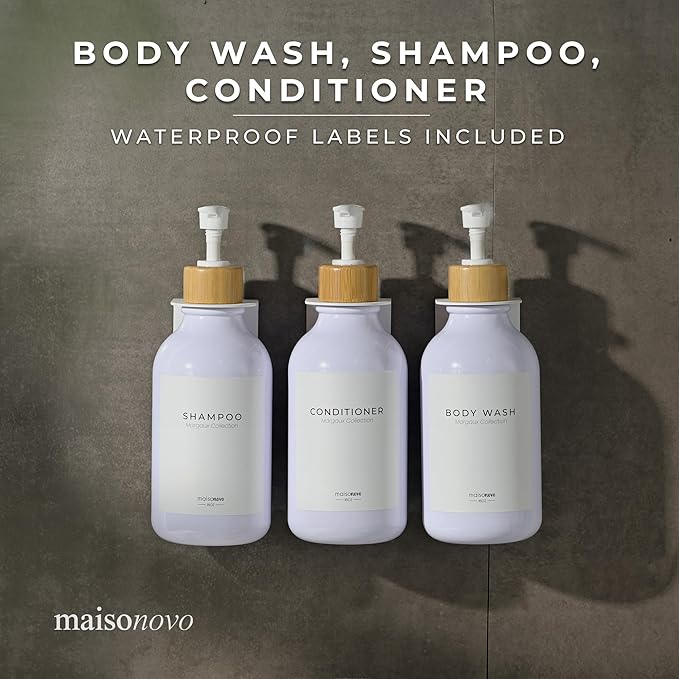 MaisoNovo Shampoo and Conditioner Dispenser - Shower Soap Dispenser Wall Mounted - 16.9 fl oz Set of 3 White Plastic Bottles Bamboo Pump - 3 Chamber No Drill