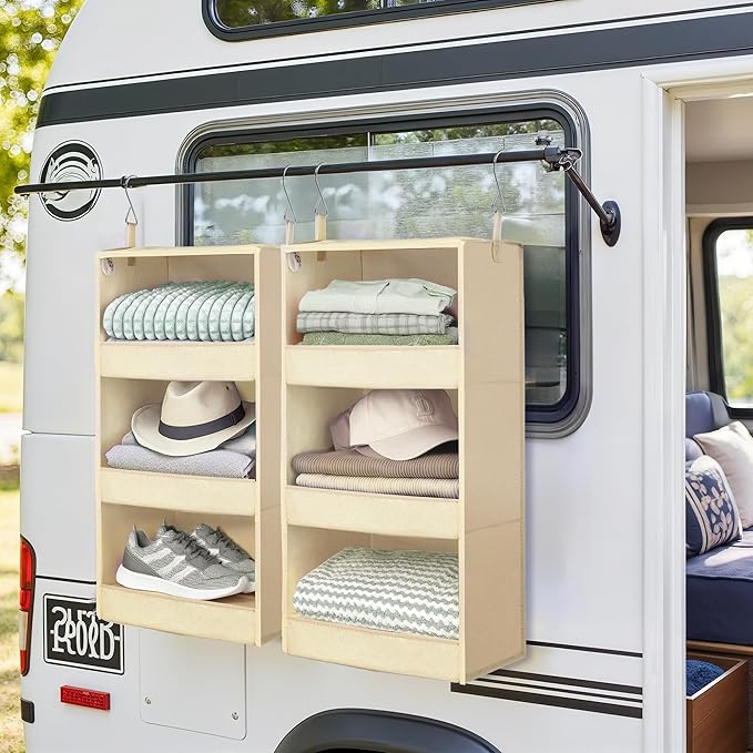 GRANNY SAYS 3 Shelf Hanging Closet Organizers and Storage, Collapsible Closet Storage Organizer with 2 Metal Hooks, Leak-Proof Hanging Shelves for Wardrobe, RV Camper, Locker, 2 Pack, Khaki