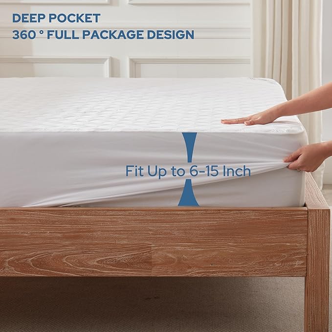 BEDLORE Waterproof Mattress Protector, Twin XL Size Mattress Pad with Deep Pocket Fitted Up to 6-15 inches, Soft Breathable Bed Mattress Cover for Bedroom, College Dorm (White)