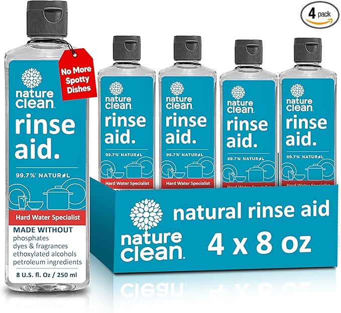 Nature Clean All Natural Dishwasher Rinse Aid Cleaner, Liquid Dishwasher Rinse Agent for Spot-Free Glass & Cutlery in Hard Water, Non Toxic Dish Washer Rinse Aid & Stain Remover, 8 oz/250ml, Pack of 4