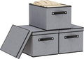 Clothing Storage Bins, Blanket Baskets for Shelves, Fabric Cubes with Handles and Lids, Decorative Linen Closet Organizers Boxes, Gray, 3 Pack, 16.5 x 11.8 x 10.2 Inch