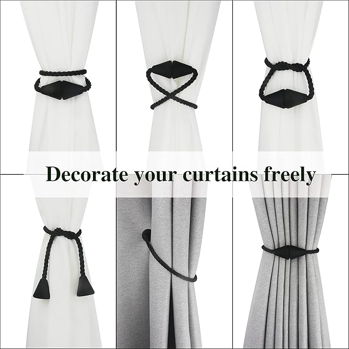 6 Pack Magnetic Curtain Tiebacks Rope Modern Handmade Curtain Tie Backs Decorative Drapes Weave Holdbacks for Window Décor, Black