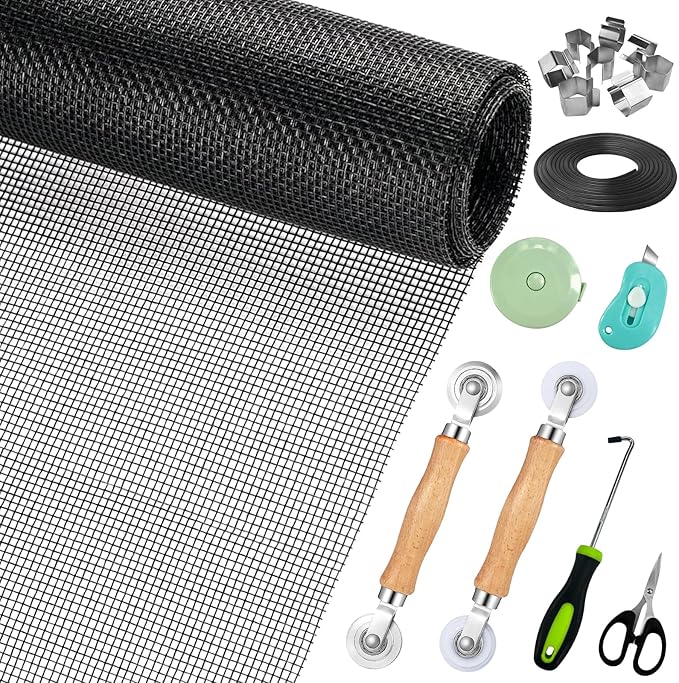 Window Screen Replacement,Screen Door Repair Kit, 59"x158" Black Window Screen Mesh,Including 50 FT Splines+Hooks+2 Rollers+8 Clips+Scissors+Knife+Tape Measure,Fully Equipped Window Screen Repair Kit