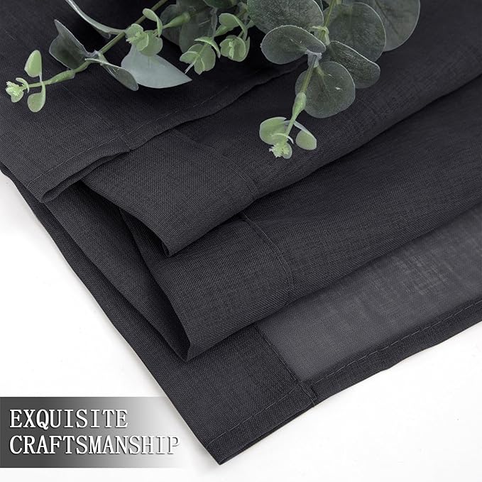 Tollpiz Short Sheer Curtains Living Room Linen Textured Curtain Sheers Light Filtering Voile Rod Pocket Curtains for Bedroom, 38 x 45 inches Long, Black, Set of 2 Panels