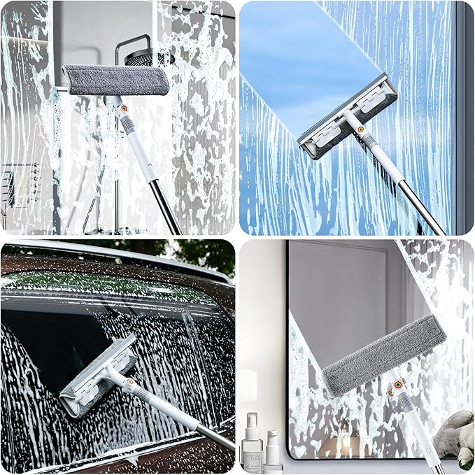 funest 126‘’ Squeegee for Window Cleaning, 2-in-1 Window Cleaner Tool with Extension Pole, Rotatable Head for Indoor and Outdoor Glass Shower Glass Mirror Car RV Window Cleaning Kit