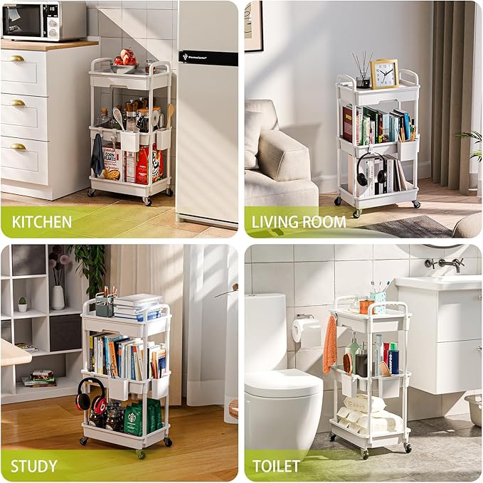 3 Tier Rolling Cart Organizer,Laundry Room Bathroom Organizers and Storage Office Shelves Mobile Shelving Unit Kitchen Trolley Cart with Wheels for Art,Craft,Diaper,Bedside,Snack(White)