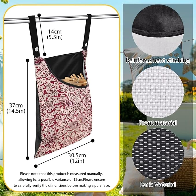 Strength Clothespin Bag 14.5x12 Inches - Vintage Bird Flower Red Print Commercial Quality Storage with Oversized Opening - Heavy Duty Polyester Construction with Reinforced Grommets