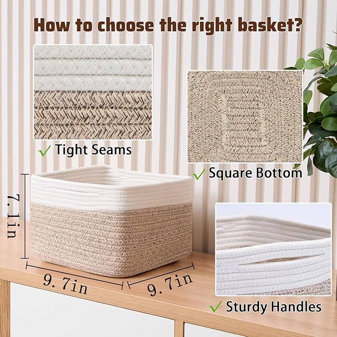 Small Organizing Baskets for Cubes Shelf, 9.7x9.7x7.1 Inch Rope Woven Storage Bins for Nursery Shelves Storage, Cute Toy Basket, Square 3 Packs Off White Brown