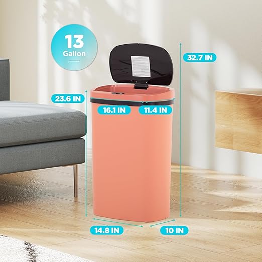 Automatic Motion Sensor Bathroom Trash Can with Lid, 13 Gallon Touchless Trash Bin, Smart Dog Proof Garbage Can, Touch Free Waste Basket for Toilet, Office, Bedroom,Pink,2
