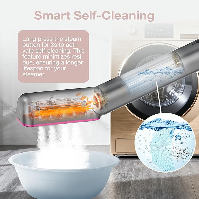 Newbealer 3in1 Clamp Travel Steam Iron with Global Voltage, 100-240V Clothes Steamer, Dry Ironing & 2 Steam Levels, Non-Stick Ceramic Soleplate, Auto-Off, Self Cleaning, w/Detachable Clamp (Ashpink)