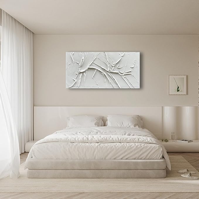 NANKAI Hand-Painted Thick Texture White Minimalist Oil Painting 24x48 Inches Contemporary Abstract Art Oil Painting, Home, Office Wall Decoration Art