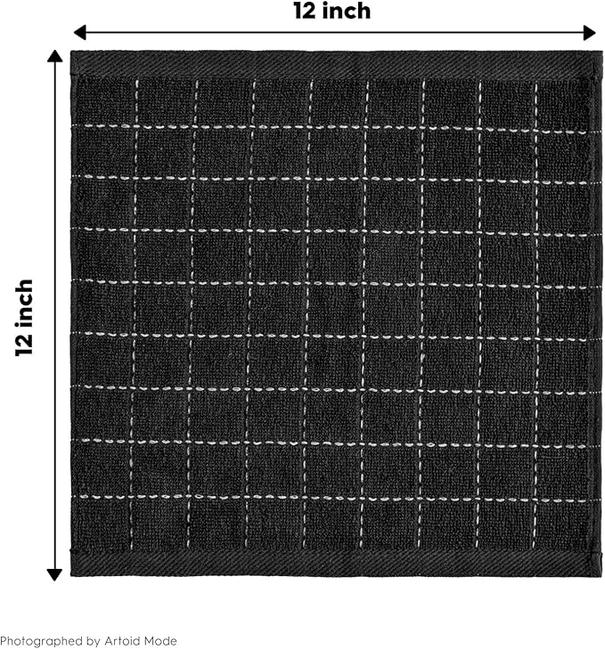Artoid Mode Checkered Designed Cotton Black Grey Terry Kitchen Dish Cloths, 12x12 Inch Soft Absorbent Quick Drying Cleaning Kitchen Rags Set of 6