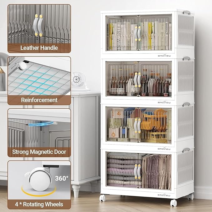 BROVIEW 240Qt Stackable Storage Bins with Lid, Extra Large Closet Organizer Collapsible Drawer Boxes with Wheels, Folding Plastic Cabinet Containers for Home Kitchen Room Organization, 3Pack White