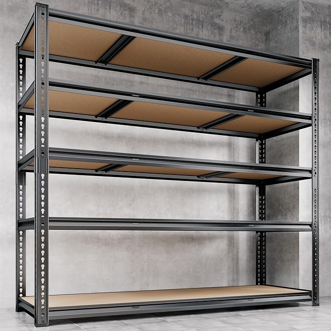 48"W Garage Shelving, 3050LBS Storage Shelves heavy duty, 5 Tier Metal Shelving Unit Adjustable Garage Shelves Heavy Duty Shelving for Warehouse,Commercial, Kitchen, 48" W × 18" D × 72" H, Black, 2PCS