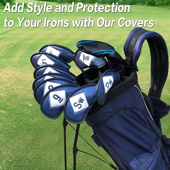 FINGER TEN Premium Synthetic Leather Stylish Iron & Wedge Golf Head Covers Value 12 Piece Set, Embroidered Labels & Fits Most Clubs Gift Set, Travel Protection Accessories