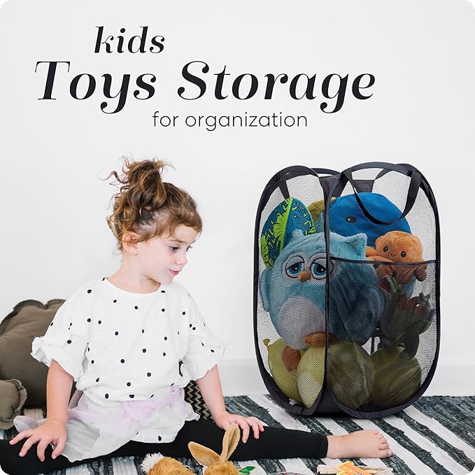 Handy Laundry Collapsible Mesh Pop Up Hamper with Wide Opening and Side Pocket - Breathable, Sturdy, Foldable, and Space-Saving Design for Clothes and Storage (Black | 2-Pack)