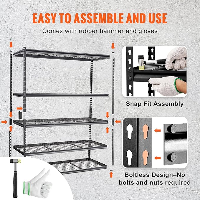 VEVOR Storage Shelving Unit, 5-Tier Adjustable, 2000 lbs Capacity, Heavy Duty Garage Shelves Metal Organizer Wire Rack, Black, 60" L x 24" W x 78" H for Kitchen Pantry Basement Bathroom Laundry Closet