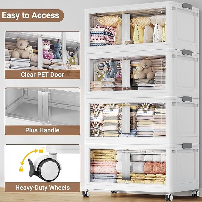 BROVIEW 640QT Stackable Storage Bins with Lids, 160Gal Extra Large Collapsible Storage Box with Wheel, Plastic Storages with Clear Door Open Front for Home Kitchen Garage, White-4pack(4 lids)