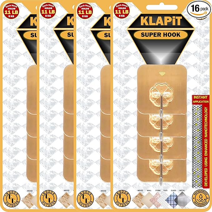 KLAPiT Super Hook - Heavy-Duty Adhesive Gold Wall Hooks, Holds Up to 11 lbs, Waterproof, No Damage, Easy Install on Tile, Wood, Stone, Glass & Metal - Made of Steel (Gold, 16pc)