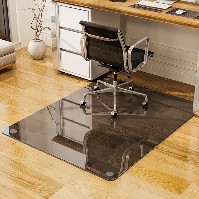 GLSLAND Office Chair Mat, 36" x 46" Grey Tempered Glass Floor Mat for Office Chair on Carpet, 1/6" Thick Computer Floor Mat with 4 Anti-Slip Pads
