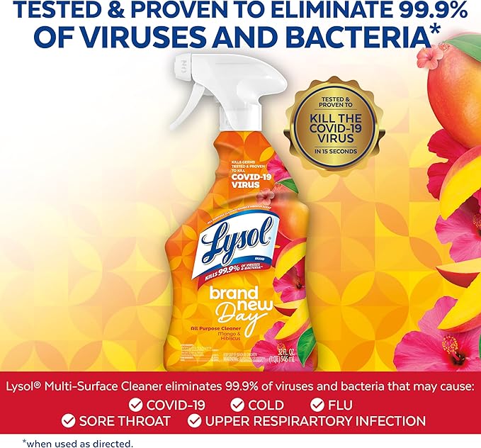 Lysol All-Purpose Cleaner, Sanitizing and Disinfecting Spray, To Clean and Deodorize, Mango & Hibiscus Scent, 32oz (Pack of 2)