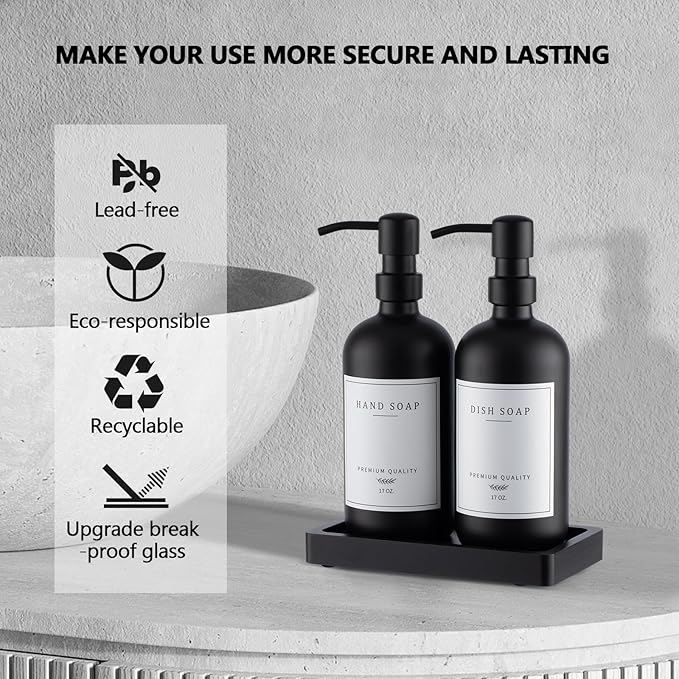 Black Thick Glass Soap Dispenser - Farmhouse Kitchen Dish &Hand Soap Dispenser Set, 304 Rustproof Pump Lotion Dispenser Bathroom with Tray, 14 Waterproof Stickers for Kitchen Decor Sink