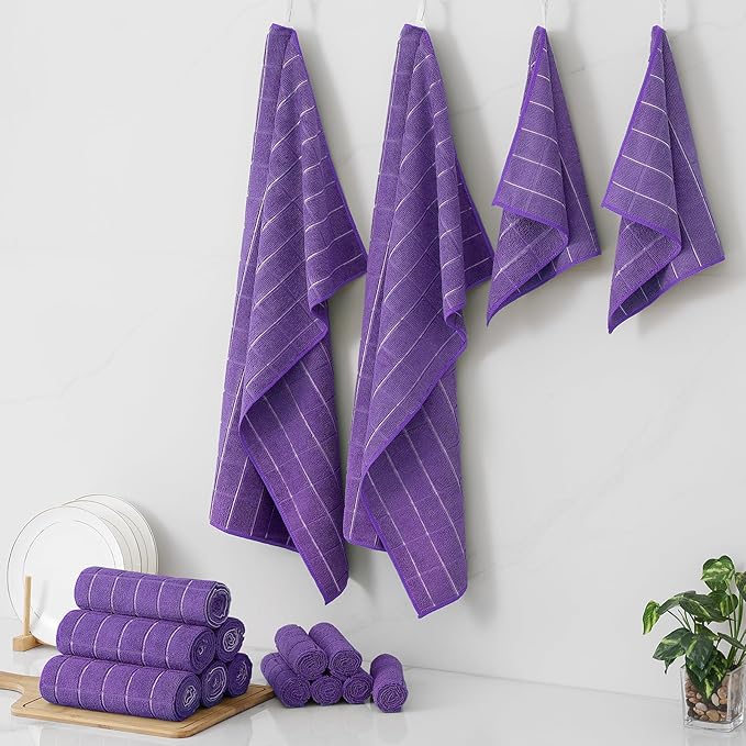 Homaxy Microfiber Kitchen Towels and Dishcloths Set, 16 Pack Soft and Absorbent Dish Hand Towels Bulk, 28 x 16 Inch & 12 x 12 Inch Quick Drying Rags for Washing Dishes, Purple
