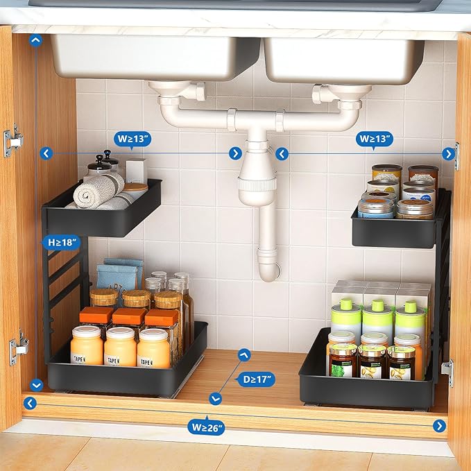 EVERIE Metal Pull Out Slide Shelf Organizer for Under Sink Organization in Kitchen, Bathroom, Counter, Cabinets, Minimum Available Space 13" Wide x 16.5" Deep (Black, 1 Set)