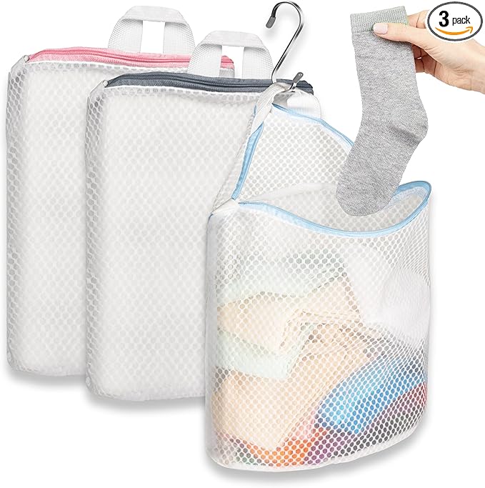 3Pcs Hanging Laundry Bags for Socks with S Hooks, 12 X 10 inch 3 Color Mesh Laundry Bags for Washing Machine