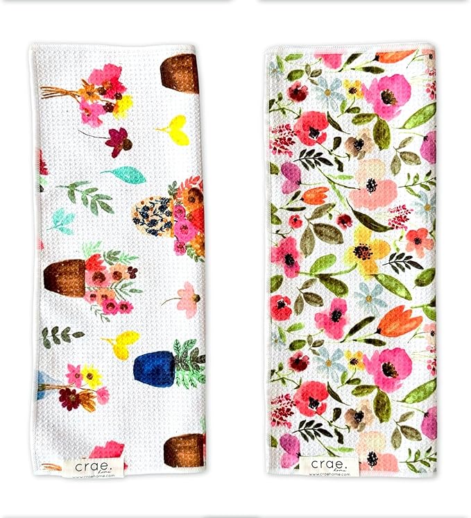 2 Double Sided Microfiber Hand Towels, 17x27 Inches Waffle Design Kitchen Towels Set, Durable & Soft Fast Drying Hand Wash Cloth, Everyday Use Dishcloth at Home (Petal Lane/Posey)