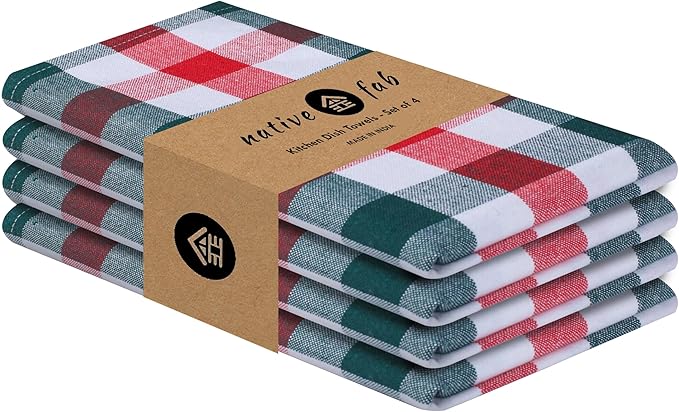 Native Fab Gingham Check Kitchen Towels 4 Pack 16x26 Inches - 100% Cotton, Soft, Absorbent Tea Towels & Kitchen Hand Towel for Drying, Cleaning & Reusable Dishcloths Set - Red, Green, White