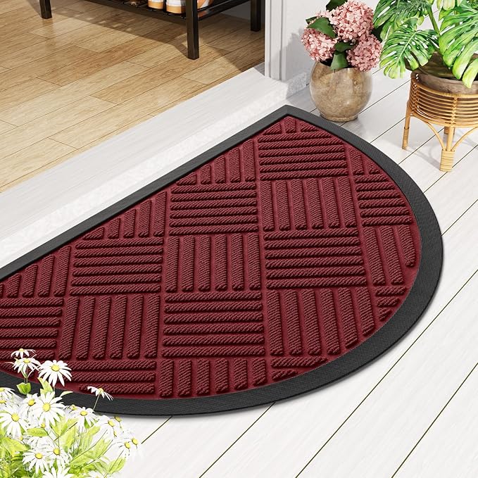 Smiry Half Circle Front Door Mat Outside Entrance,Heavy Duty Outdoor Indoor Natural Rubber Doormat,Non Slip,Trap Dirt and Moisture,Easy Clean,Low Profile Patio Porch Entryway Mat,29.5x17, Wine Red