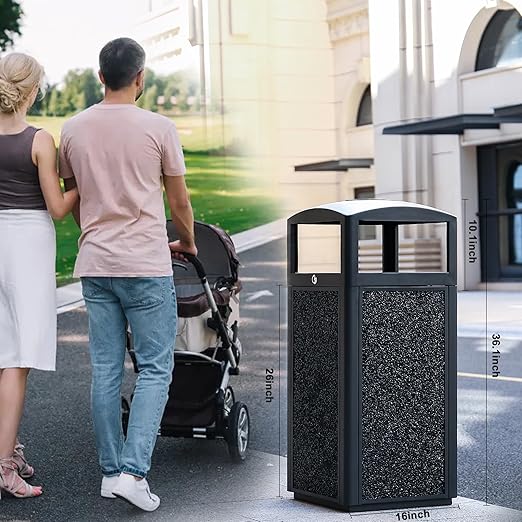 Commercial Metal Outdoor Trash Can with Lid, Lockable Outdoor Garbage Can with Nature Stone Panels, Heavy-Duty Rustproof Trash Bin with Removable Liner for Parks & Public Spaces