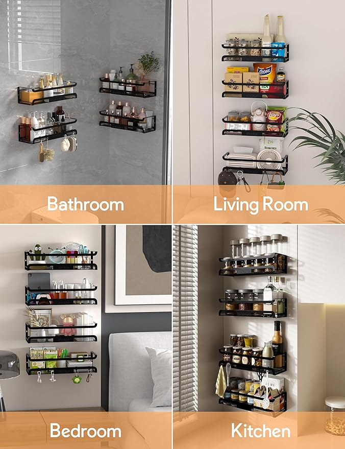 Spice Rack Wall Mount with Hooks - Spice Racks Organizer for Cabinet Storage, Wall Mounted Hanging Shelf Seasoning Organizer, for Kitchen, Pantry Door, Bathroom (Black, 2 Pack)