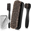 4 Pcs Horsehair Shine Shoes Brush Kit Polish Dauber Applicators Cleaning Leather Shoes Boots Care Brushes Suede Cleaner Brush with Microfiber Shoe Cloth(4 Pcs Black D)