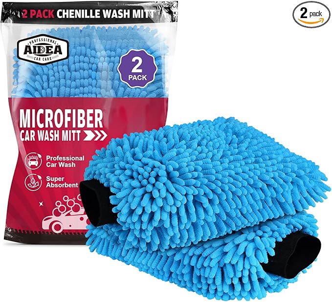 AIDEA Car Wash Mitt Microfiber 2PK, Scratch-Free& Lint-Free, Premium Chenille Microfiber Wash Mitt-Blue Extra Large Size (8''X12'')
