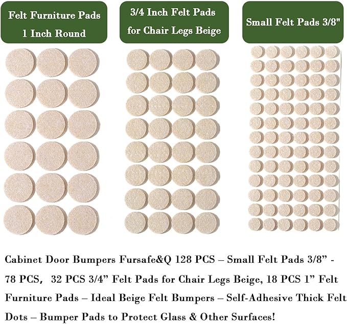 Fursafe&Q Felt Furniture Pads for Hardwood Floors - Self Adhesive Chair Felt Pad, Furniture Feet Floor Protectors, Protect from Nicks, Dents and Scratches, Cabinet Door Bumper128 Pcs Chair Feet