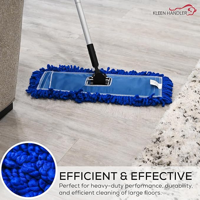 KLEEN HANDLER 18 Inch Microfiber Dust Mop Bulk Pack of 12, Large Washable Commercial Mop Head Replacement, Sweeper, Janitorial Supplies, Blue