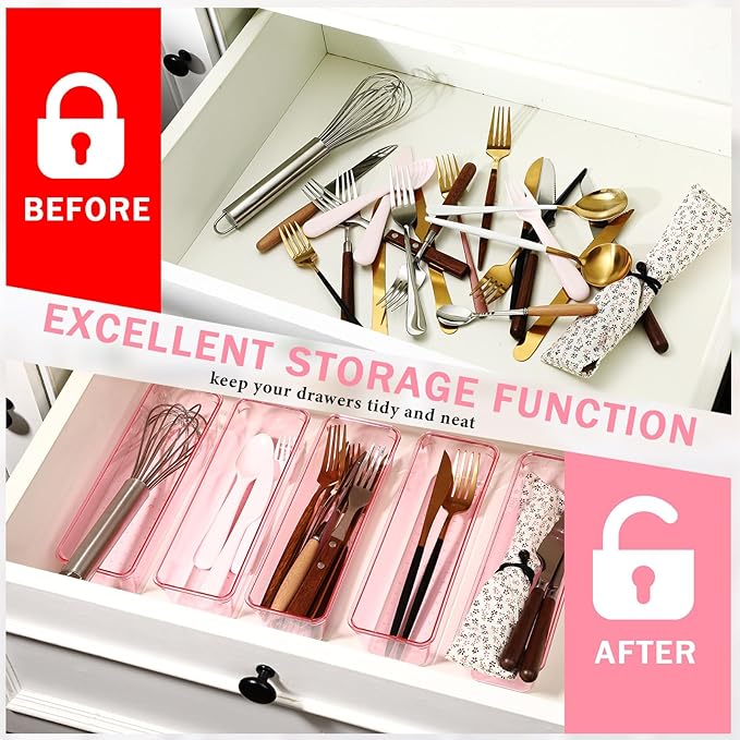Maitys 12 Pcs Vanity Drawer Organizer 9 x 3 x 2 Inches Clear Plastic Utensil Organizers Kitchen Drawers Dividers for Office Desk Silverware Kitchen Utensils Cosmetics and Bathrooms(Pink)