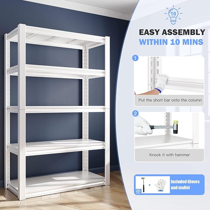 Raybee Garage Shelving Heavy Duty 2000LBS Storage Shelves Heavy Duty Shelving 5 Tier White Metal Shelves Pantry Shelf for Kitchen Closet Basement Warehouse 2 Pack