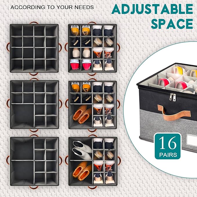 Shoe Organizer for Closet, Foldable Shoe Storage Bins with Clear Cover, Space Saving Shoes Holder with 4 Handles, Large Adjustable Shoe Box Storage Containers, Fits 8-16 Pairs, 2 Pack, Black