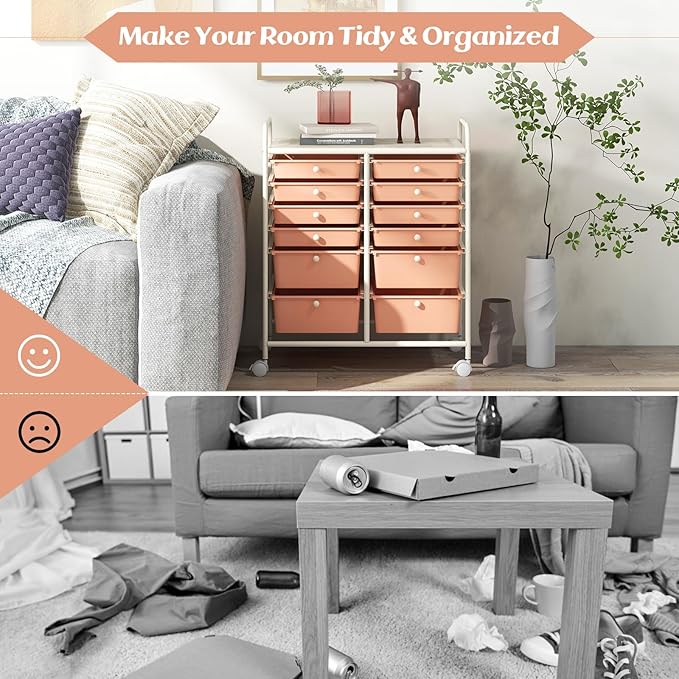 GOFLAME 12-Drawer Rolling Storage Cart, Multipurpose Organizer Cart with 2 Sizes Plastic Drawers, Mobile Utility Cart with Lockable Casters for School, Home Office, Beauty Salon, Peach Fuzz
