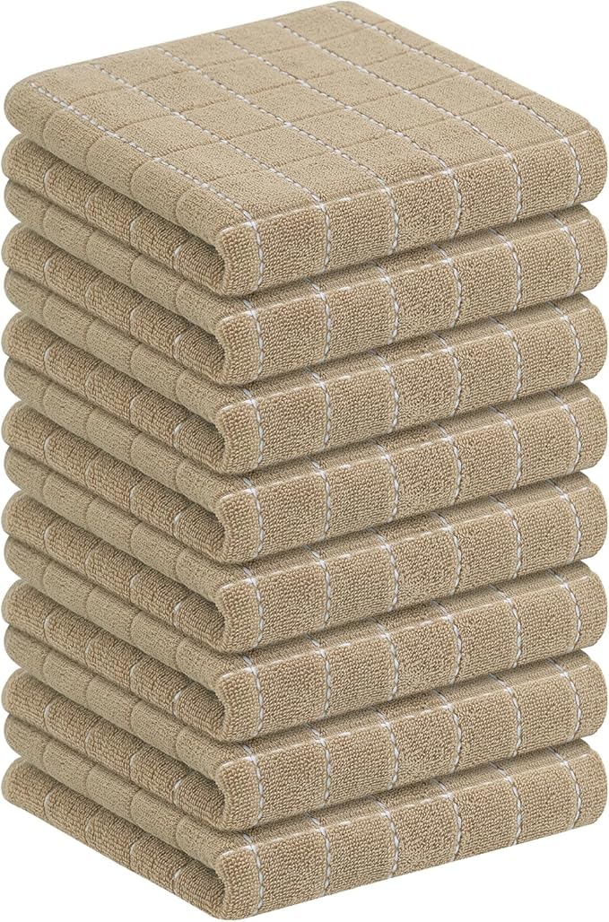 Homaxy 100% Cotton Terry Kitchen Towels(Tan, 13 x 28 inches), Checkered Designed, Soft and Super Absorbent Dish Towels, 8 Pack